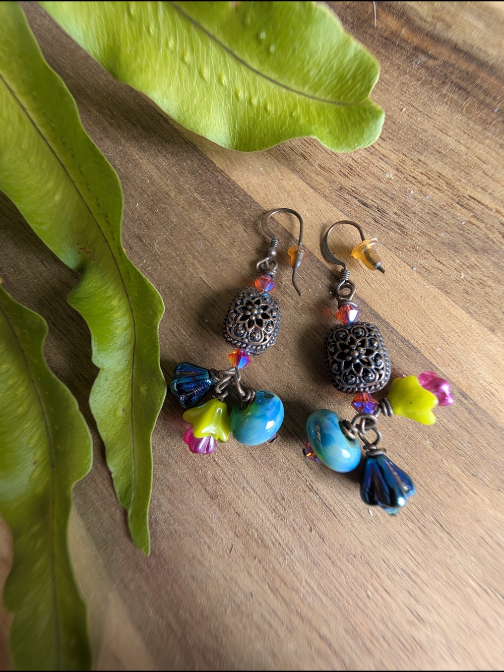 Colorful Boho Glass Bead Dangle Earrings - Blue, Yellow, Pink